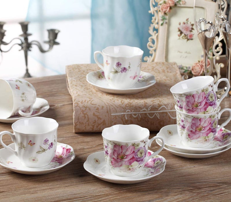 GuangYang 7 oz Porcelain Tea Cups and Saucers Set of 6, Pink Floral Design â€“ Elegant Gift Set for Tea Lovers, Coffee, Cappuccino, Mocha, Weddings, Housewarming & Holidays - Image 5